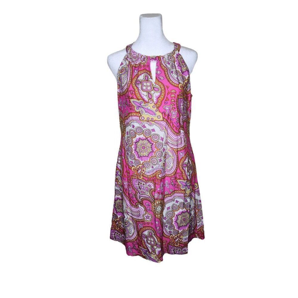 Jude Connally Sleeveless Halter Neck Paisley Shift Dress Womens M Pink